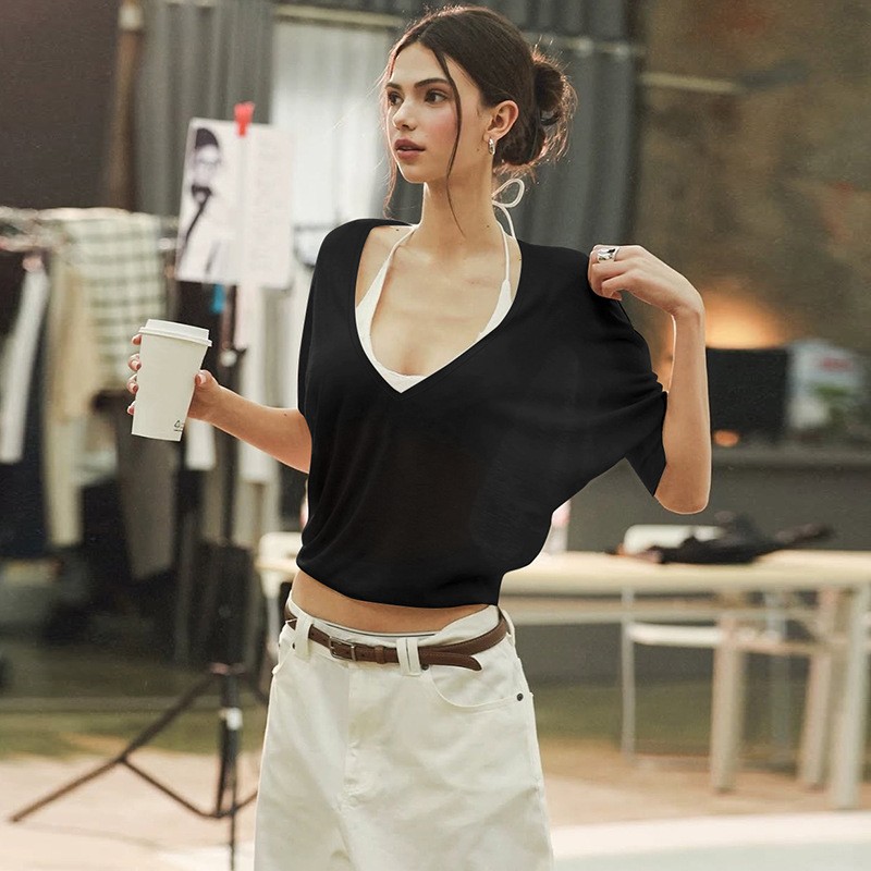 Pink Blouse Loose Fit V Neck S - Fashion Streetwear avaliação e preço